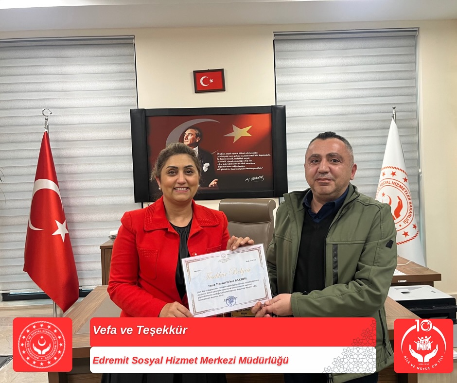 İl Müdürümüz Sayın Emine BÖÇKÜN,  Çalışma Arkadaşımız Sayın Mehmet Emre BAKDIM’a Teşekkür Belgesi Takdim Etti