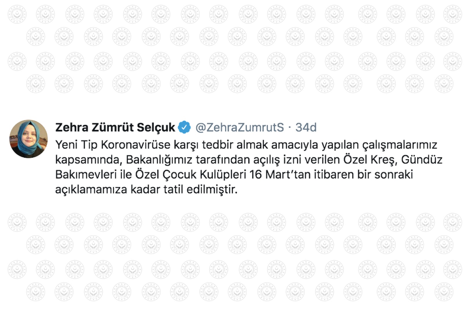 Bakan Selçuk: “Bakanlığımız Tarafından Açılış İzni Verilen Özel Kreş, Gündüz Bakımevleri ile Özel Çocuk Kulüpleri 16 Mart’tan İtibaren Bir Sonraki Açıklamamıza Kadar Tatil Edilmiştir”
