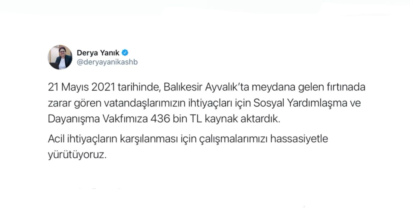 Bakanımız Sayın Yanık: “Ayvalık'taki fırtınadan zarar gören vatandaşlarımız için SYDV'lere 436 bin lira kaynak aktardık”